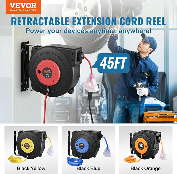 VEVOR Retractable Extension Cord Reel, 45 FT, Heavy Duty 12AWG/3C SJTOW Extension Power Cord with Lighted Triple Tap Outlet, 15A Circuit Breaker 180° Swivel Bracket for Ceiling or Wall Mount, Red