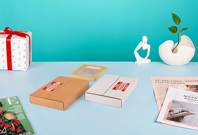 50 Pack 9x6x1.3 inch Mailing Boxes, Multi-Depth CD DVD Corrugated Cardboard Boxes with Fragile Stickers for Shipping, Storing, Package, Business or Home, White