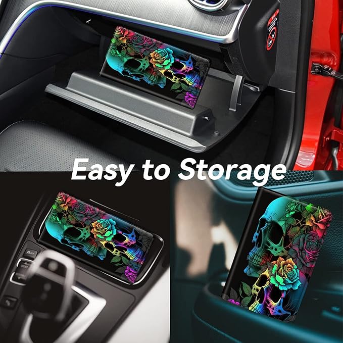 Car Registration and Insurance Holder, Leather Car Glove Box Organizer, Cool Car Accessories for ID, Driver's License Cards & Essential Document,business cards,Men&WomenColorful Rose Flower Skull