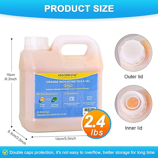 Desiccant Beads – 2.4 LBS Silica Beads with Orange Indicating Silica Gel, Premium Silica Gel Beads 3-5mm Industry Standard, Rechargeable Desiccant Used for 3D Filament
