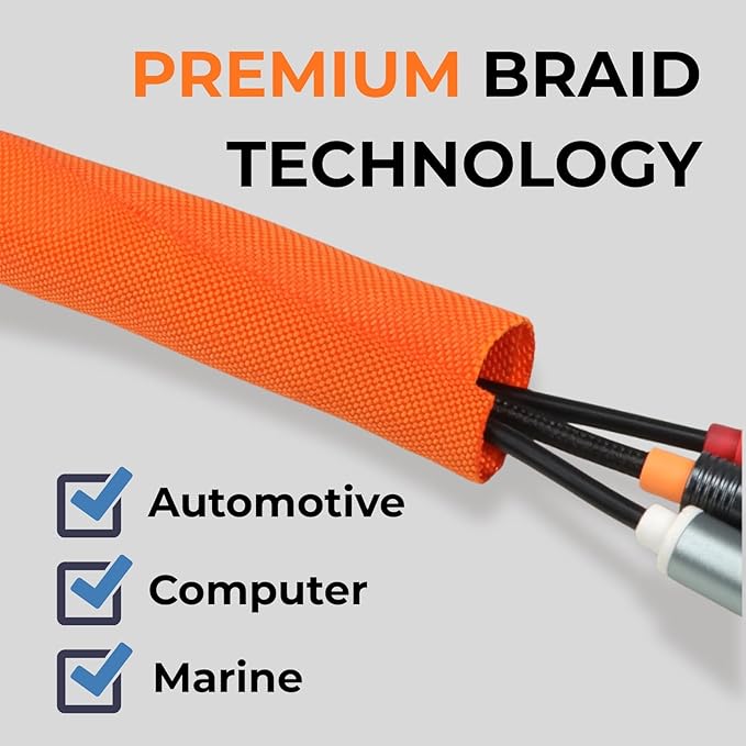 3/4 inch Split Braided Cable Management Sleeve for USB Cable Power Cord Audio Video Cable, Wire Loom Cord Protector from Cat Dog Chewing (Orange, 10FT)