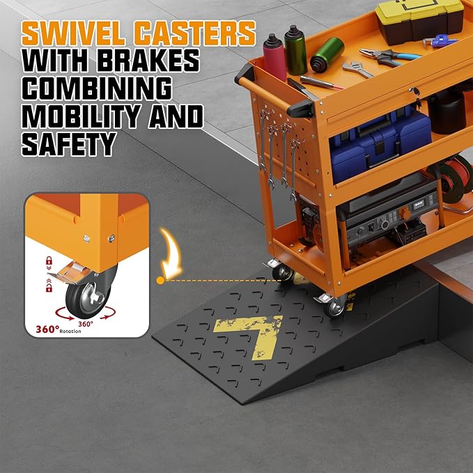 3 Tier Rolling Tool Cart on Wheels, 450 LBS Capacity Tool Cart with Drawers, Heavy Duty Rolling Utility Carts on Wheels, Rolling Tool Work Carts for Garage, Warehouse and Repair Shop,Orange