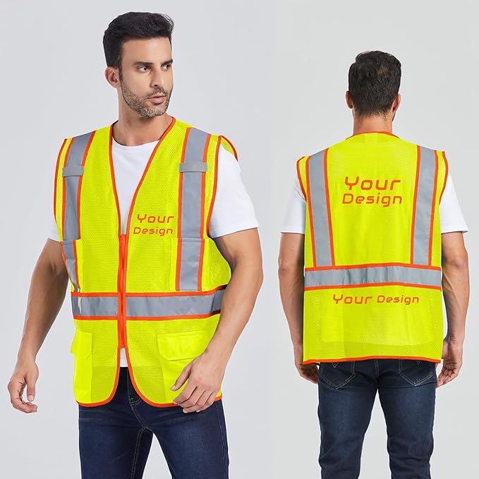 Custom Safety Vest with Logo Pockets High Visibility Reflective Vests Construction Security Workwear