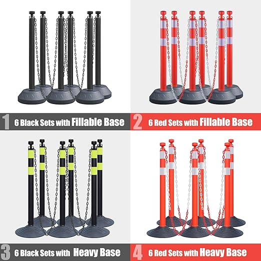6-Set Pack 40" inch Black Yellow Work Zone Chain Post Set, 6 x 6.6' Feet Plastic Chains, Portable Crowd Control Stanchion Set, Traffic Queue Delineator Post Cones (Black-Rubber Base)