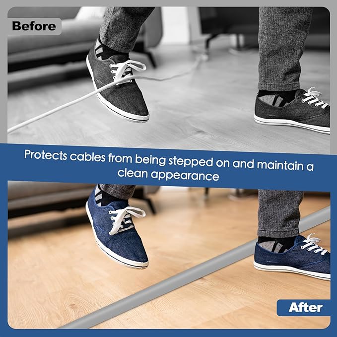 Floor Cord Cover for Wires on Floor Self Adhesive Cord Hider Floor Cable Management Wire Covers for Cords Protector Prevent Cable Trips Cord Cavity W 0.32" x H 0.32", Gray, 3.3Ft