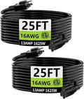HUANCHAIN Indoor Outdoor Black Extension Cord 25 ft 2 Pack Waterproof, 16/3 Gauge Flexible Cold-Resistant Appliance Cable Outside, 13A 1625W 16AWG SJTW, 3 Prong Electric Cord, ETL