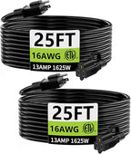 HUANCHAIN Indoor Outdoor Black Extension Cord 25 ft 2 Pack Waterproof, 16/3 Gauge Flexible Cold-Resistant Appliance Cable Outside, 13A 1625W 16AWG SJTW, 3 Prong Electric Cord, ETL