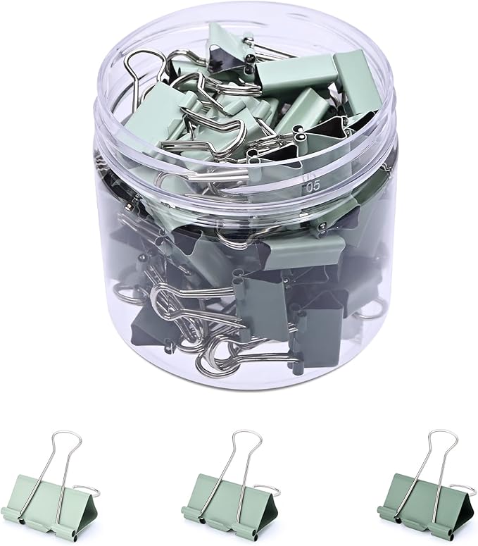 Temiary Aesthetic Binder Clips, 60 Pcs 0.6 Inches Small Metal Binder Clip with Clear Storage Container, Binding Paperwork Clamps for School Teachers Office Supplies (Green)