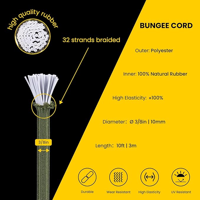 Bungee Cord Elastic Shock Cord 3/8" x 10' Bungee Rope for DIY, Tie Downs, Kayak and Outdoor - Army Green