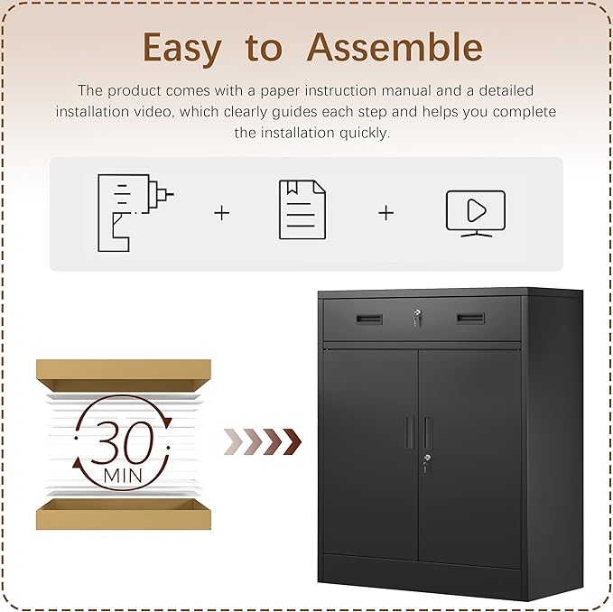 Metal Storage Cabinet, 36 Inch Tall Metal Storage Cabinet with Doors and Shelves, Pantry Cabinets with Drawer for Kitchen Storage, Garage Cabinet for Living, Dining Room, Assemble Required.