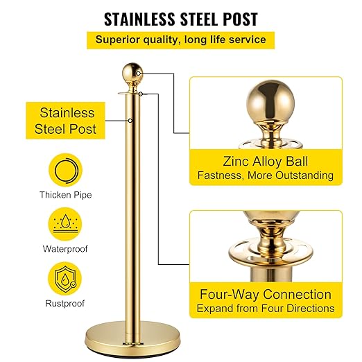 VEVOR Velvet Ropes and Posts 6 Pcs Red Velvet Rope 5 ft, Stanchions Solid Base with Ball Top, Crowd Control Barriers Gold Stanchions, Red Carpet Poles, Crowd Control Ropes and poles for Party Supplies