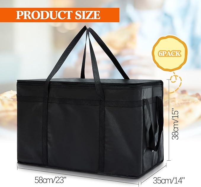 Maxcheck 6 Pcs Insulated Bags for Food Delivery XXXL Large Capacity Hot Grocery Tote Bag Reusable Warming Pizza Catering Carrier for Commercial Travel Lunch Shopping Gifts (Black)