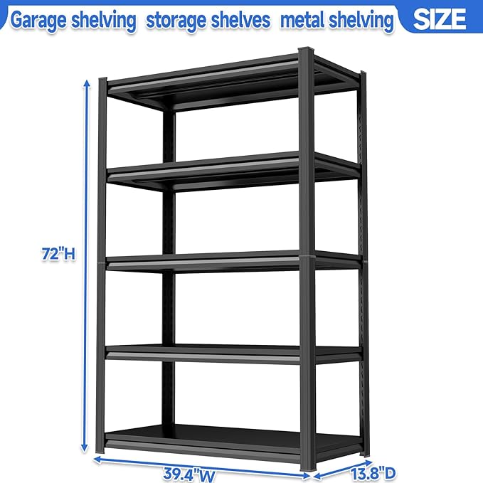 72"H Storage Shelves heavy duty 2535LBS Garage Shelving adjustable metal shel 5 tier shelving Unit metal storage rack for Basement, Warehouse, Pantry, Closet, Kitchen 72" H x 39.4" W x 13.8" D, Black