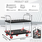 Utility Service Cart 2 Shelf - 880lbs Capacity Heavy-Duty Plastic Rolling Utility Carts with 5 of 360° Swivel Wheels and Handle, Large Service Cart for Groceries, Warehouse,Garage 43.5''x25.6''