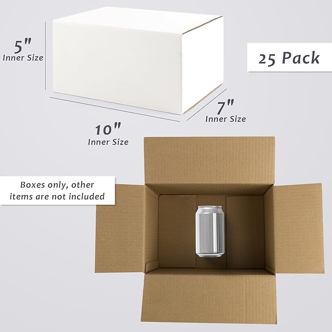 Frametory 10x7x5 Pack of 25 Corrugated Cardboard Packing Shipping Mailing Moving Carton Boxes, White