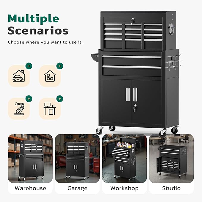 Greenvelly 8-Drawer Rolling Tool Chest, Metal Tool Chest with Wheels, Tool Cabinet with Detachable Top Tool Box, Metal Tool Cart with Liner & Hooks for Garage, Workshop, Warehouse (Black)