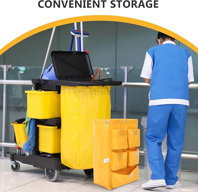 VALICLUD Replacement Waterproof Janitorial Cleaning Cart Bag with 5 Additional Compartments, Yellow Fabric Housekeeping Cart Storage Bag for Hotel and Commercial Cleaning Supplies