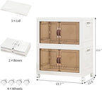 Storage Bins with Lids and Wheels, 90QT-45QT*2Tier Collapsible Bathroom Storage Cabinet with Clear Doors, Plastic Stackable Closet Organizers and Containers White