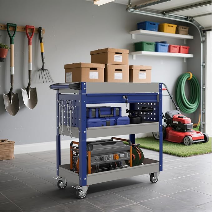 3 Tier Rolling Tool Cart on Wheels, 450 LBS Capacity Tool Cart with Drawers, Heavy Duty Rolling Utility Cart on Wheels, Rolling Tool Work Carts for Garage, Warehouse and Repair Shop,Grey Blue