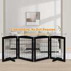 LZRS 4-Panel Freestanding Wooden Dog Gate—Extra Wide 30” Tall Foldable Pet Barrier with Support Feet, Solid Hardwood & Steel Wire Safety Gate for Doorways, Hallways, and Stairs, Black