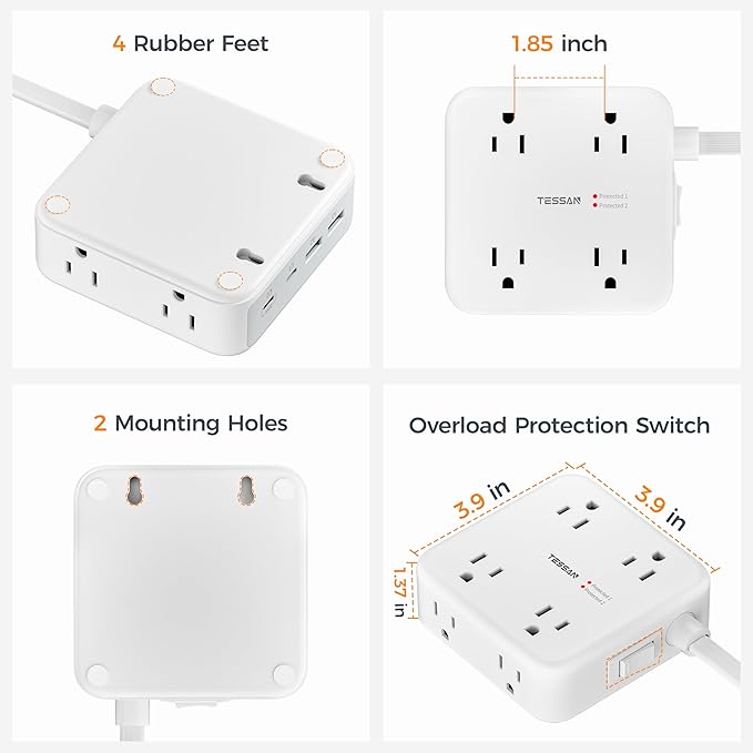 TESSAN Surge Protector Power Strip, 5 Ft Extension Cord Flat Wall Plug with 4 USB (2 USB C) 8 Outlets, 2100J Dual Surge Protection, 20W Multiple Charging Station for Home, Office, College, Dorm Room