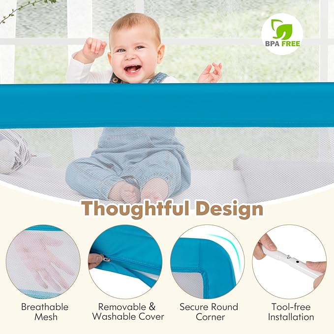 BABY JOY Bed Rails for Toddlers, 71'' Extra Long, Upgraded Swing Down Bed Guard w/Safety Strap, Folding Baby Bedrail for Kids Twin, Double, Full Size Queen & King Mattress (71-Inch, Blue)
