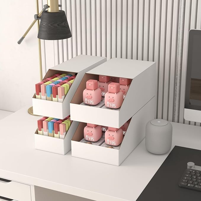 EXYGLO Stackable Cardboard Storage Bins 30 Pack, 12x6x4.5 Inch Cardboard Boxes with Lid, Corrugated Organizer Bins for Pantry, Shelves, Garage, Office, Shop, White