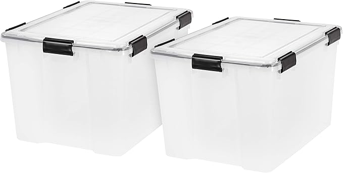 IRIS USA WeatherPro 74 Qt Storage Bins with Lids, 2 Pack, BPA-Free Plastic Gasket Box with Tight Latch and Seal, Stackable Nestable Tote Tub - Clear/Black
