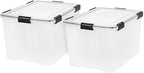 IRIS USA WeatherPro 74 Qt Storage Bins with Lids, 2 Pack, BPA-Free Plastic Gasket Box with Tight Latch and Seal, Stackable Nestable Tote Tub - Clear/Black