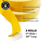 HIPPIE CRAFTER 3 Pack Double Sided Tape for Woodworking, 1 Inch Wide Heavy-Duty Sticky Tape for CNC Machines and Routing Templates, 60 Feet Each, 180ft Total