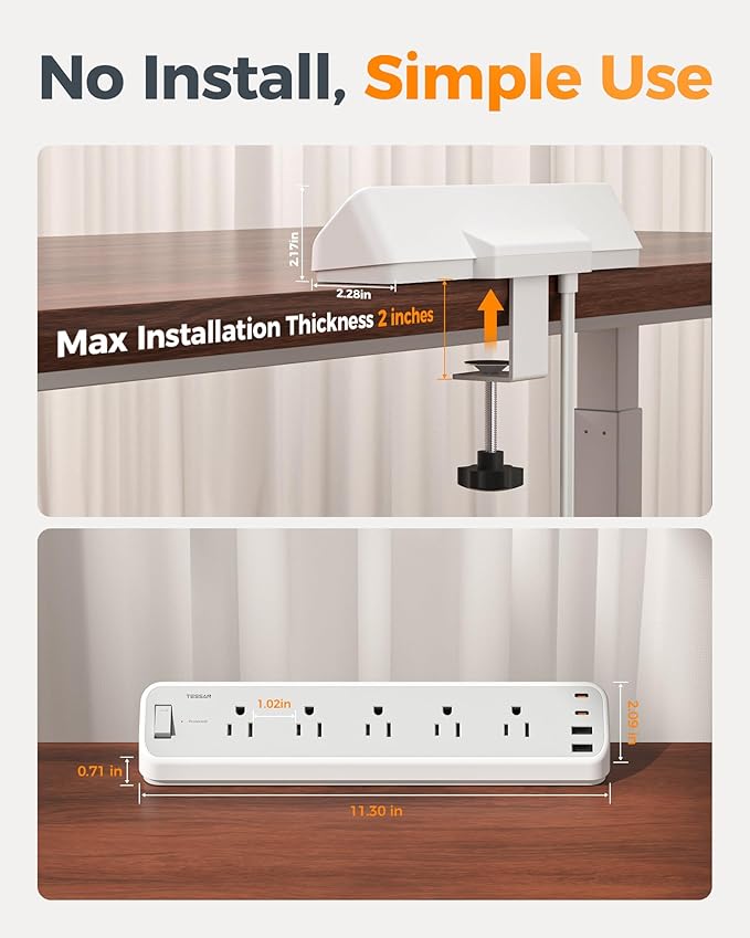 TESSAN Desk Clamp Power Strip 6 Ft, 2100J Surge Protector, 5 Outlets and 4 USB Ports (2 USB C), 1875W, 15A, Flat Plug Extension Cord with Multiple Outlets for Gaming Home Office Dorm Room