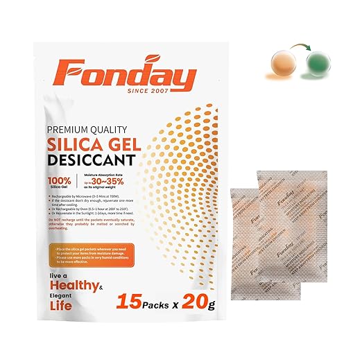 20g x 15 packs Fonday Rechargeable Silica Gel Desiccant Packets Food Grade Fast Reactivate Desiccant Bags Moisture Indicating Orange to Green