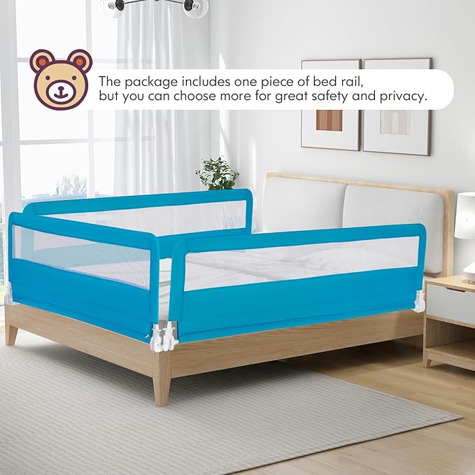 BABY JOY Bed Rails for Toddlers, 71'' Extra Long, Upgraded Swing Down Bed Guard w/Safety Strap, Folding Baby Bedrail for Kids Twin, Double, Full Size Queen & King Mattress (71-Inch, Blue)