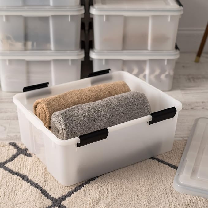 IRIS USA WeatherPro 31 Qt Storage Bins with Lids, 6 Pack, BPA-Free Plastic Gasket Box with Tight Latch and Seal, Stackable Nestable Tote Tub - Clear/Black