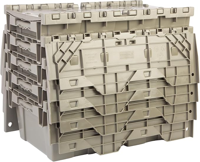 Hudson Exchange 19.6 x 11.6 x 7.3” (3.7 Gallon, 5 Pack) Storage Tote Distribution Container with Hinged Attached Lid, Gray/Brown