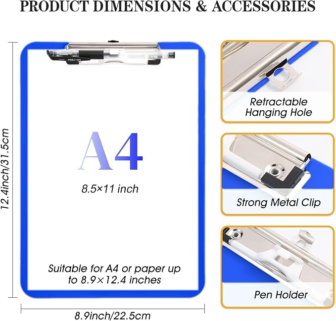 Blue Plastic Clipboard with Pen Holder,Nursing Clipboard Standard Letter A4 Size,Thickened Clip Boards 8.5x11,Hanging Clipboards for Men Kids Students Office School Home Work