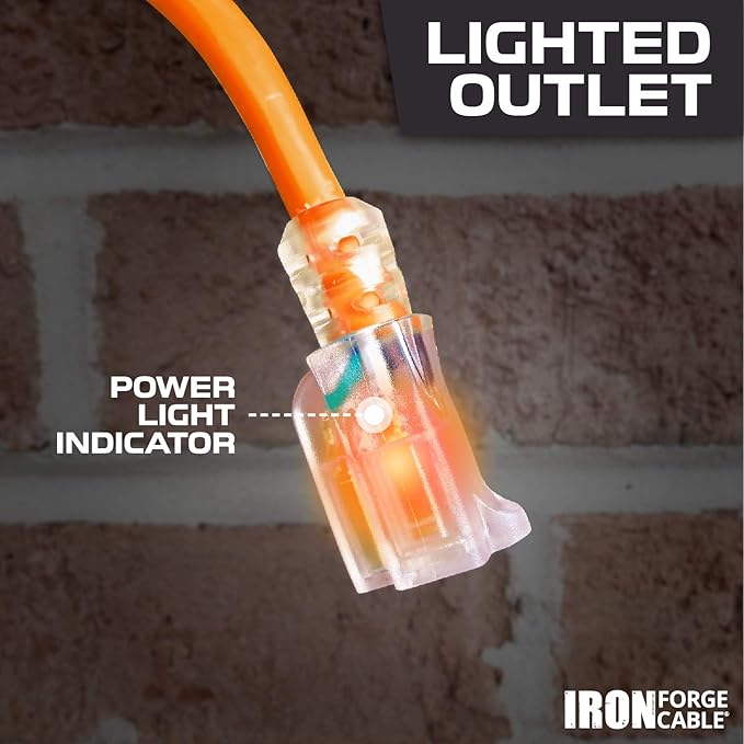 IRON FORGE CABLE 50 Ft Orange Extension Cord - 12/3 SJTW Heavy Duty Lighted Outdoor Extension Cable with 3 Prong Grounded Plug for Safety, 15 AMP - Great for Garden & Major Appliances