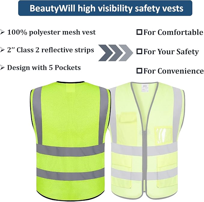10 Pack Mesh Safety Vest Custom Logo High Visibility Reflective Vest with Pockets Security Work Vest（Yellow，XL）