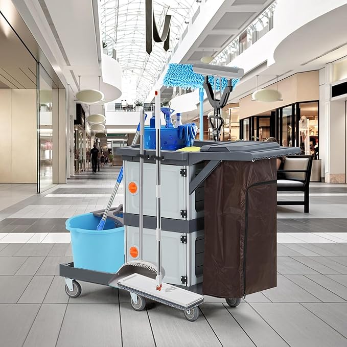 3-Shelf Commercial Janitorial Cart with Wheels - 2 Lockable Cabinets, Oxford Bag & Dust Cover, Sturdy Rolling Housekeeping Cart for School/Hotel/Apartment