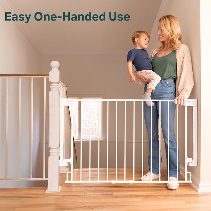 Cumbor 2 Pack 29.2-43" No Bottom Bar Baby Gate for Stairs, 2-in-1 Auto Close Dog Gate Indoor, Hardware Mounted Pet Gate for Doorways with Large Walk Thru Door, Child-Proof Safety Gate for Kids (White)