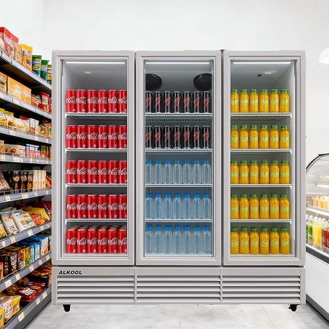 71” Wide Commercial Beverage Refrigerator Display Fridge, Three Glass Door Merchandiser Drink Cooler With LED Light Adjustable Shelves,ETL Sanitation,63.5 Cu Ft,White,(Wheels Included)