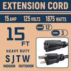 15 FT 12 Gauge Extension Cord Outdoor, Heavy Duty Weatherproof & Flame Retardant Black 3 Prong Power Cord, Outside for Garden & Lawn, 15 Amps 1875 Watts 125 VAC 12AWG SJTW, UL Listed