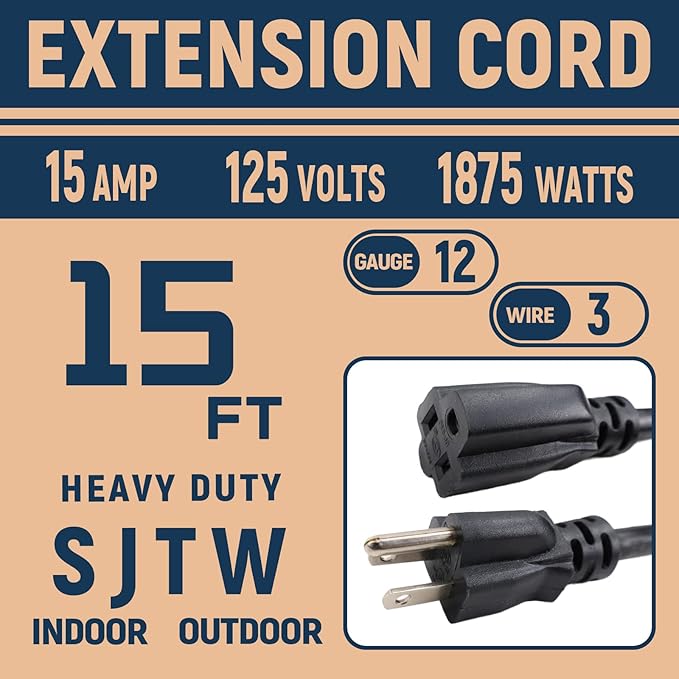 15 FT 12 Gauge Extension Cord Outdoor, Heavy Duty Weatherproof & Flame Retardant Black 3 Prong Power Cord, Outside for Garden & Lawn, 15 Amps 1875 Watts 125 VAC 12AWG SJTW, UL Listed