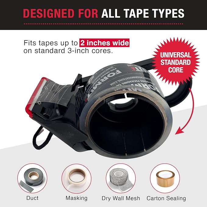 Packing Tape Dispenser - Heavy Duty Shipping Tape Dispenser for Boxes, Refillable, Fits Standard Bulk Tapes Up to 2" Wide - Razor-Sharp Cutting Packaging Tape Dispenser (1-Count)