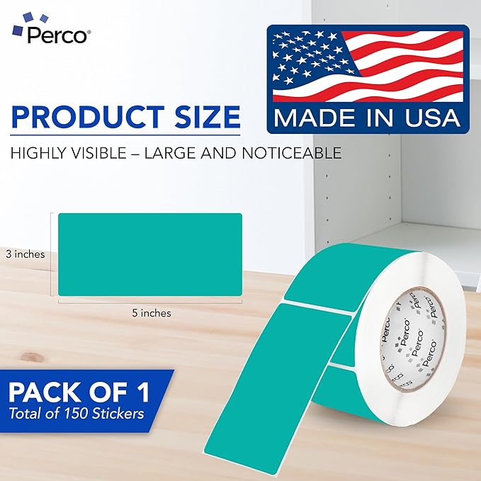Perco Teal 3x5 Inch Perforated Sticker Labels — 150 Stickers Per Roll — with Permanent Adhesive for Inventory Management, Color Coding, Moving Boxes, Retail, Organizing, Crafting & More — Made in USA