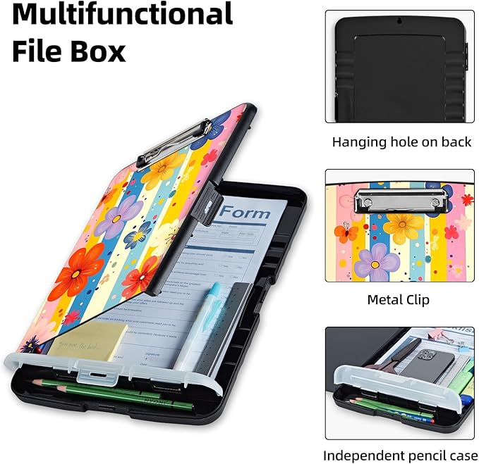 Clipboard with Storage Box & Pen Holder,Heavy Duty Clip Boards 8.5x11 for Nursing,High Capacity,School & Office Supplies,Floral Stripes