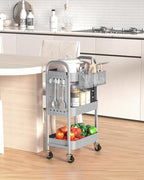 ALVOROG 3 Tier Rolling Cart with DIY Pegboards Metal Utility Cart with Wheels Handles Baskets Hooks, Craft Cart for Office Kitchen Bathroom(Light Gray)
