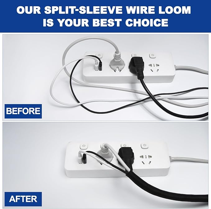 Split-Sleeve Wire Loom for High-Temperature Automotive Harness and Home Cable Management, 25ft - 5/8 inch Braided Cable Management Sleeve Cord Protector, Self-Wrapping Split Wire Loom