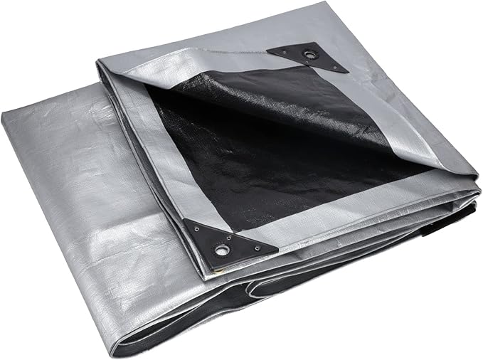 WHITEDUCK Super Heavy Duty Poly Tarp Cover 16 Mil & 10 Mil with Grommets and Reinforced Edges (Brown, White & Silver Black) (Silver Black- 16 Mil, 12' x 25')
