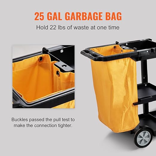 VEVOR Cleaning Cart, 3-Shelf Commercial Janitorial Cart, 200 lbs Capacity Plastic Housekeeping Cart, with 25 Gallon PVC Bag, 47 x 20 x 38.6in, Yellow & Black